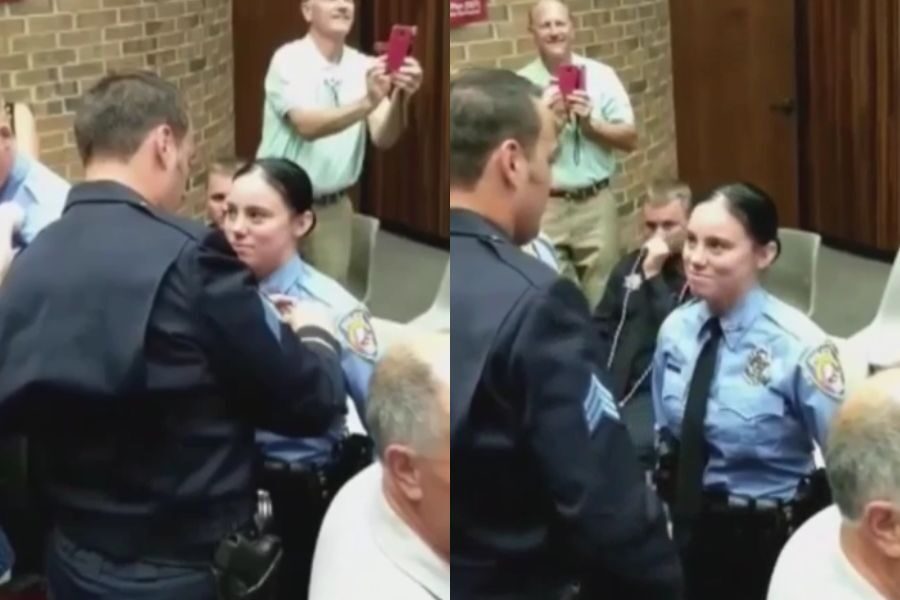 Side-by-side images of a uniformed female officer receiving a pin from a male officer during a ceremony, with people watching and taking photos.