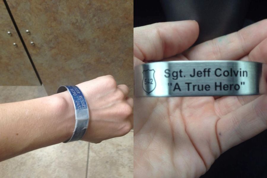 Two close-up shots of metal bracelets engraved with memorial messages for fallen officers, including one that reads "Sgt. Jeff Colvin 'A True Hero'".