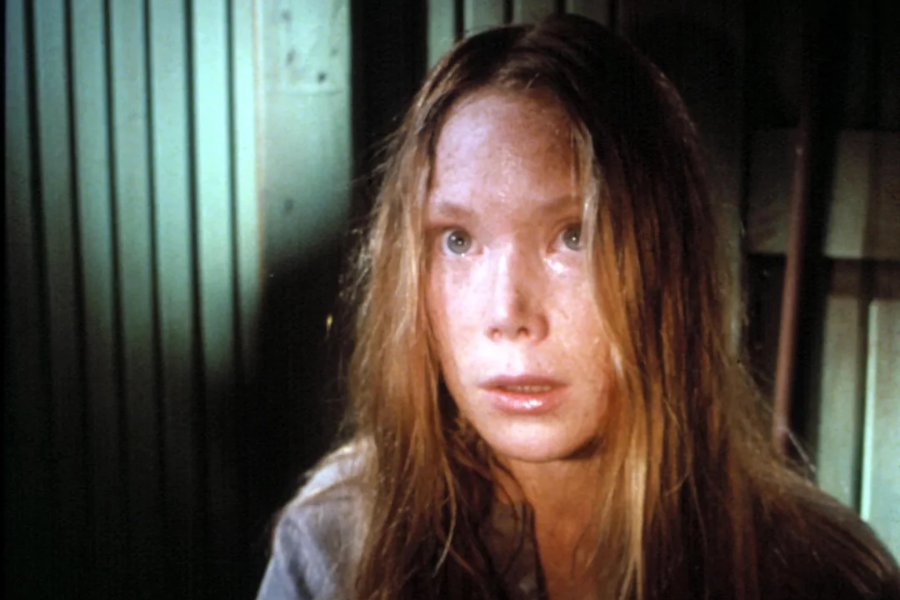 A young woman with long, disheveled hair stares upward with a frightened expression, lit dimly against a greenish wood-paneled wall.