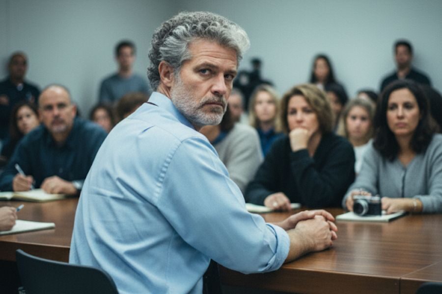 A serious-looking man in a blue shirt turns to look over his shoulder during a school meeting, with other adults seated around a table.