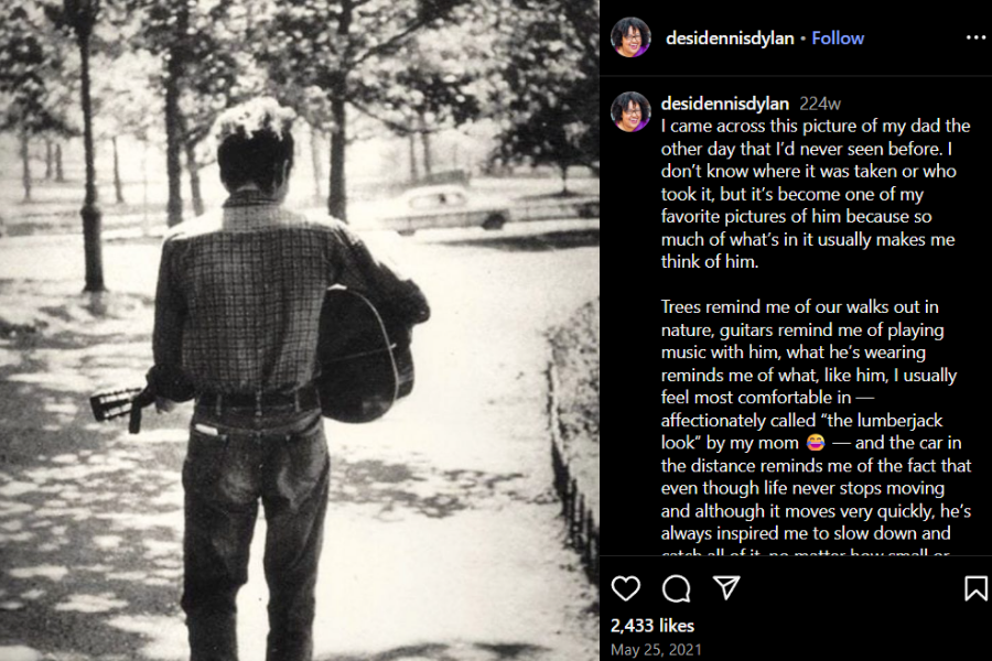 Black and white photo of a man walking away on a tree-lined path with a guitar in hand, posted alongside a personal caption reflecting on memories with the photographer's father.