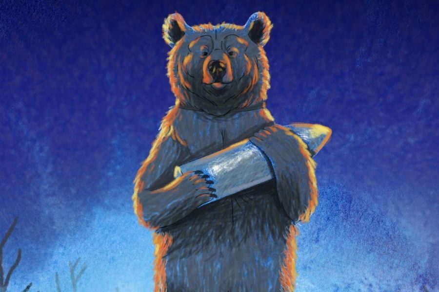 A digital illustration of Wojtek the bear standing upright at night, holding a large artillery shell across his chest with a determined expression.