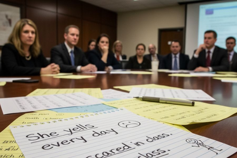 A handwritten student note in the foreground reads “She yells every day. I’m scared in class,” while adults sit at a conference table in the background.