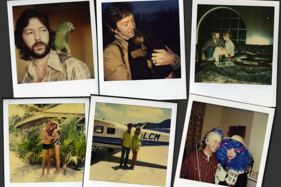 A collage of vintage Polaroid photos featuring Eric Clapton and Pattie Boyd in various candid moments, including vacations, pets, and costumes.