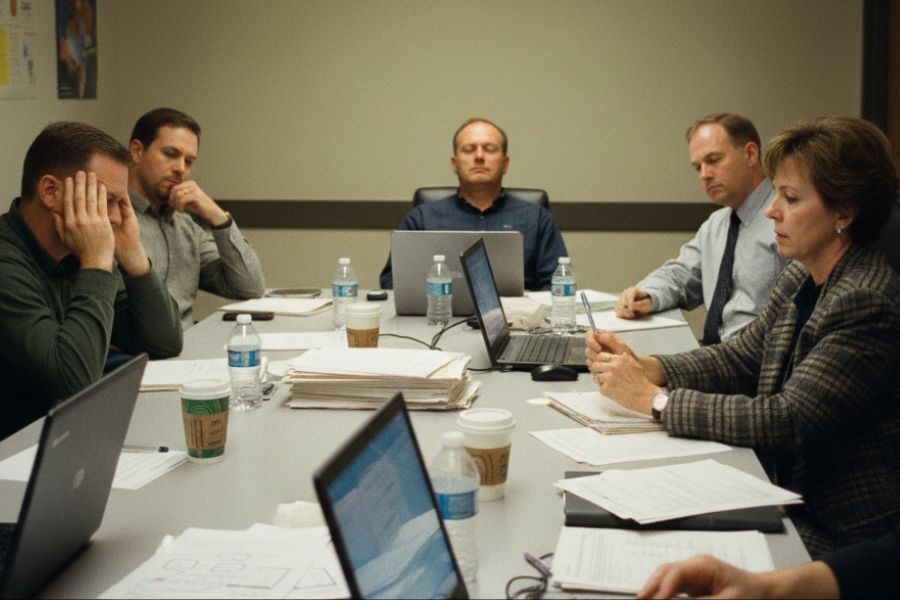 A group of school administrators sit around a table covered in paperwork and laptops, some looking frustrated or tired.