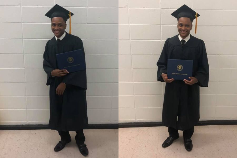 Two side-by-side images of a smiling young man in cap and gown holding his diploma in front of a plain wall.