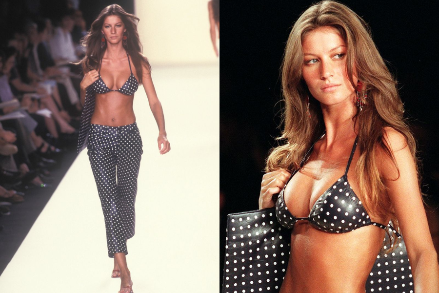 Model strutting down a runway in a black and white polka dot bikini top and matching pants, carrying a coordinating tote. Second image highlights her beachy waves and confident walk.