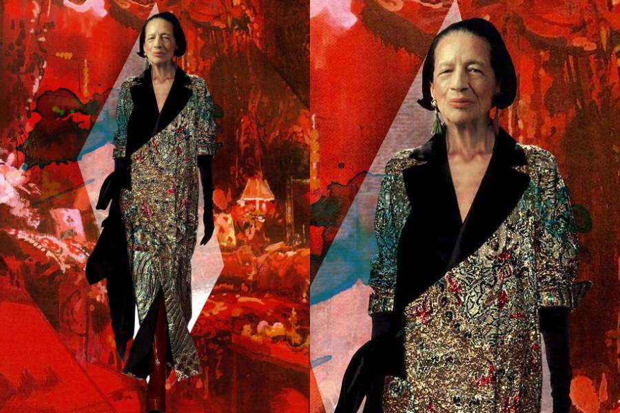 Elderly woman walking confidently in a metallic brocade coatdress with a black velvet lapel and gloves, set against a vivid abstract red and orange backdrop. Close-up highlights her slicked-back hair, subtle earrings, and composed expression.