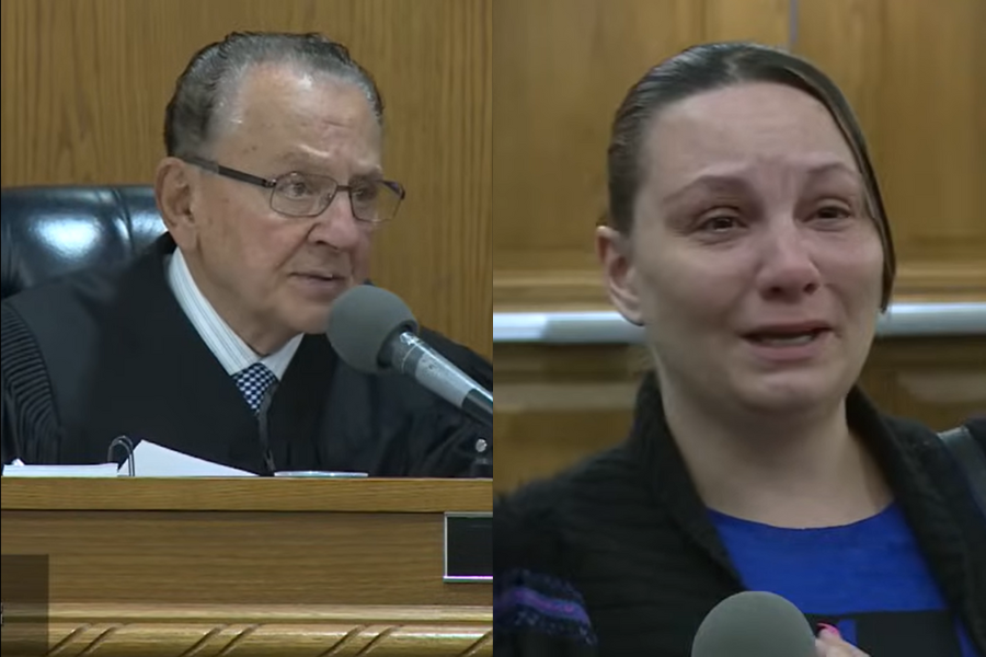 A split image shows Judge Frank Caprio listening intently in court while a woman on the right side, visibly emotional, speaks with tears in her eyes.