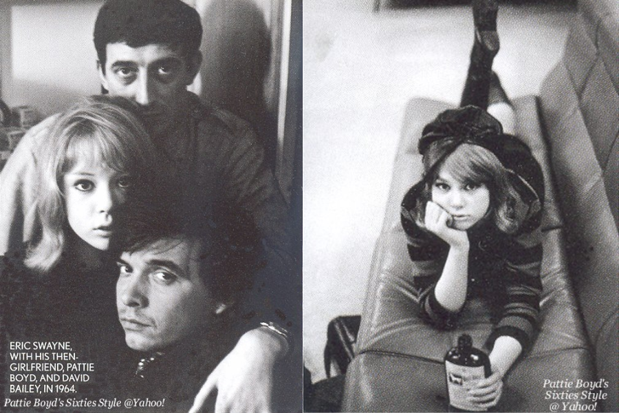Two black-and-white images of Pattie Boyd in the 1960s; one with Eric Swayne and David Bailey, and another lying on a couch in a striped outfit holding a bottle.