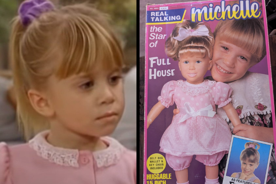 A close-up of a young girl with a serious expression, alongside a toy doll package labeled "Michelle" featuring a similar-looking doll in a pink outfit and the girl smiling.