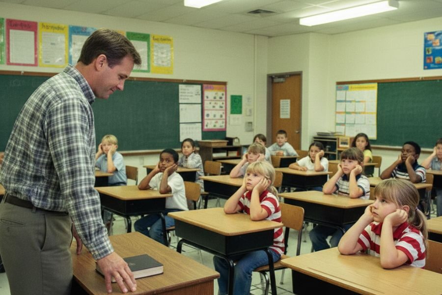 A male teacher stands at the front of a classroom speaking, while students sit at desks with their hands covering their ears, appearing disengaged or overwhelmed.