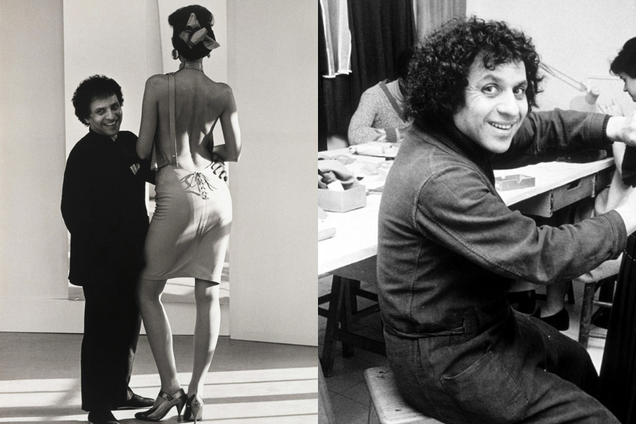 Black and white photos showing a man with curly hair standing beside a model in a backless mini dress and also seated at a workshop table smiling. Close-up captures his youthful expression and creative energy.