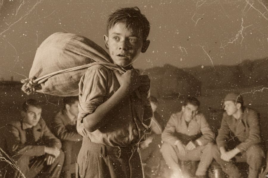 A young boy with wide eyes carries a large sack over his shoulder while standing near seated soldiers around a campfire at dusk.