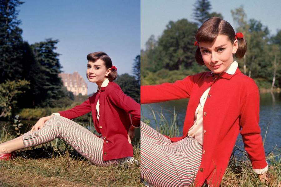 Young woman sitting on grass by a riverbank in a red cardigan and striped pants, with matching red shoes and bows. The second image shows her smiling gently with trees in the background.