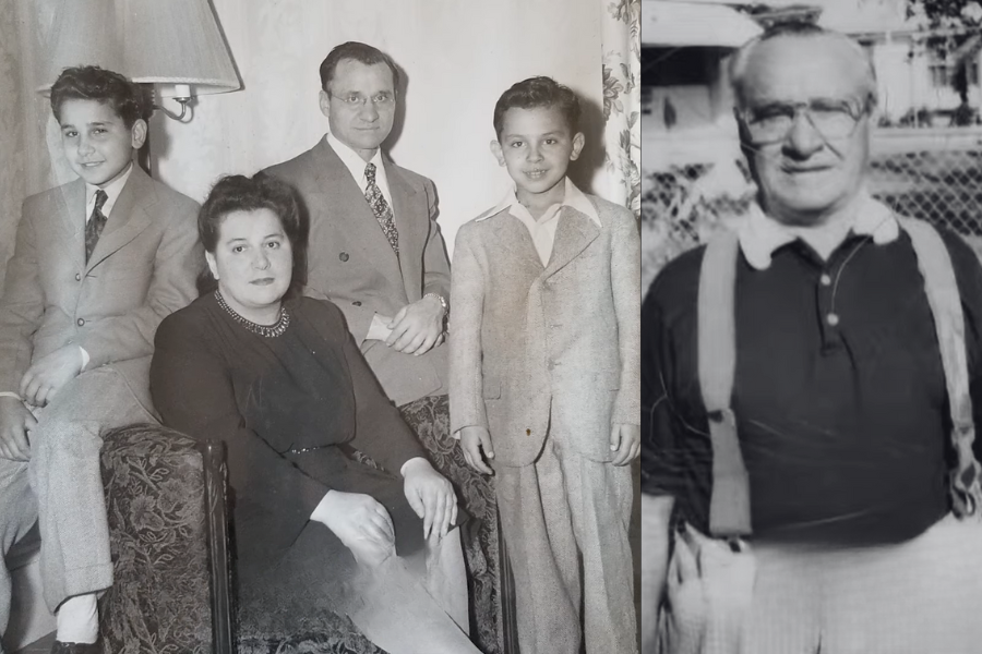 A composite image with a vintage black-and-white family portrait on the left showing a suited family of four, and a close-up of an elderly man in suspenders on the right.