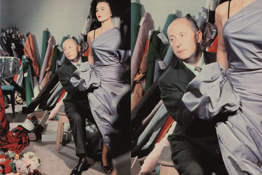 Tailor or designer adjusting the sleeve of an elegant lavender gown worn by a poised model, with colorful fabric rolls stacked behind them. Second image captures his focused expression.