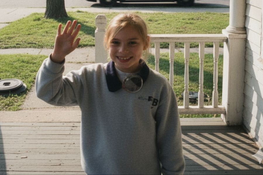 Young girl in a gray FBI-branded sweatshirt waves while standing on a porch.