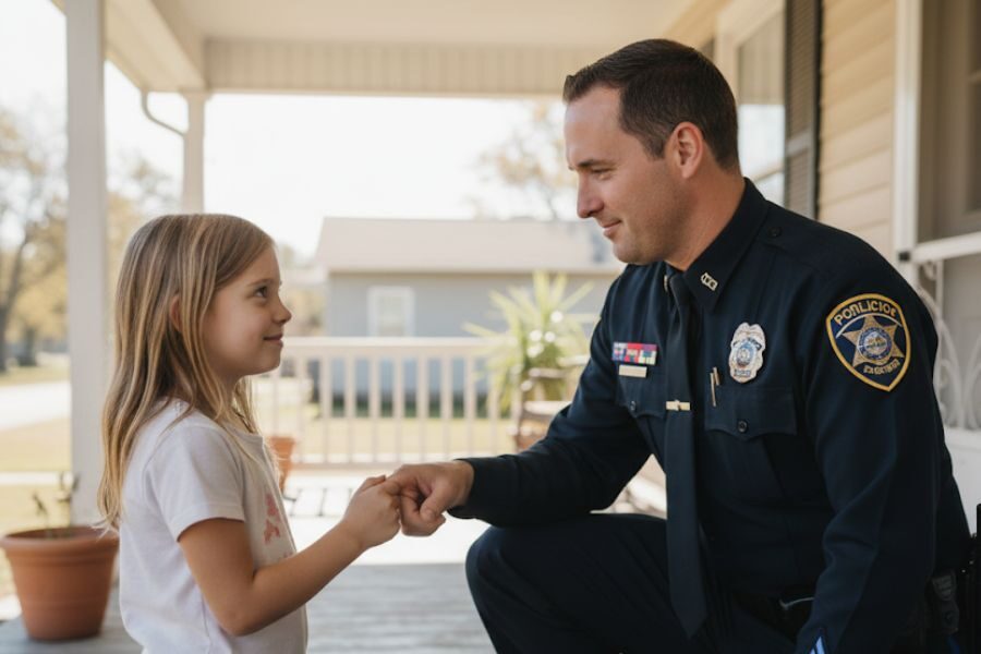 A police officer kneels and smiles while holding hands with a young girl on a porch.
