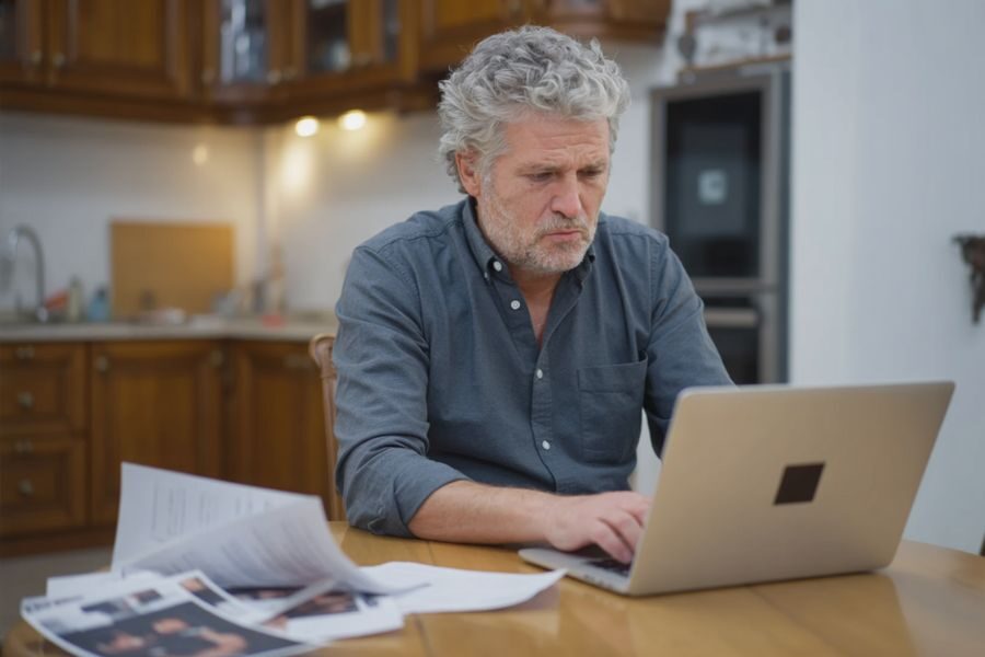 An older man with gray hair looks intently at a laptop screen, surrounded by printed documents at a kitchen table.