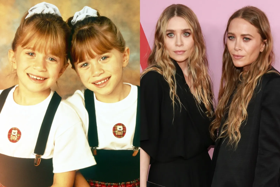 A side-by-side image shows the twins as young girls in matching school-themed outfits and again as adults on a red carpet in black attire with long wavy hair.