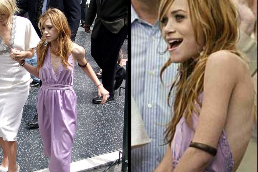 A woman in a lilac halter dress walks with assistance on the Hollywood Walk of Fame while another photo shows her joyfully smiling and holding a marker in a sleeveless version of the same outfit.