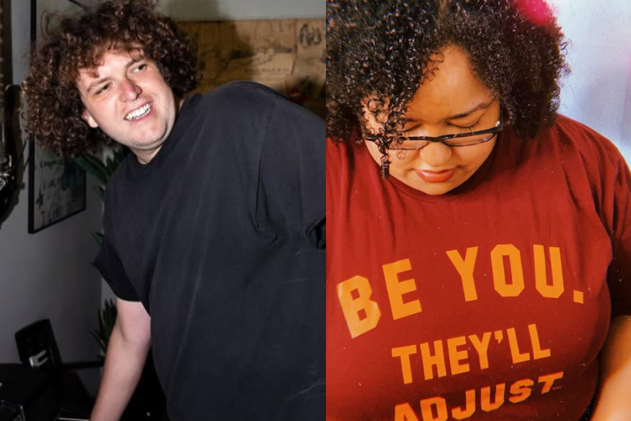 Split image showing a man with curly hair in a black shirt smiling and leaning sideways on the left, and a woman with curly hair and glasses looking down at her maroon shirt that reads “BE YOU. THEY’LL ADJUST” on the right.
