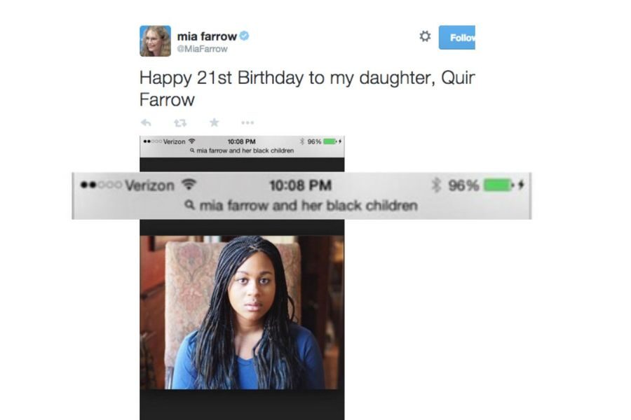 A tweet reads: "Happy 21st Birthday to my daughter." Below, a young woman with long braided hair in a blue top sits on a patterned chair, looking serious. Just above it shows the search bar that says "mia farrow and her black children"