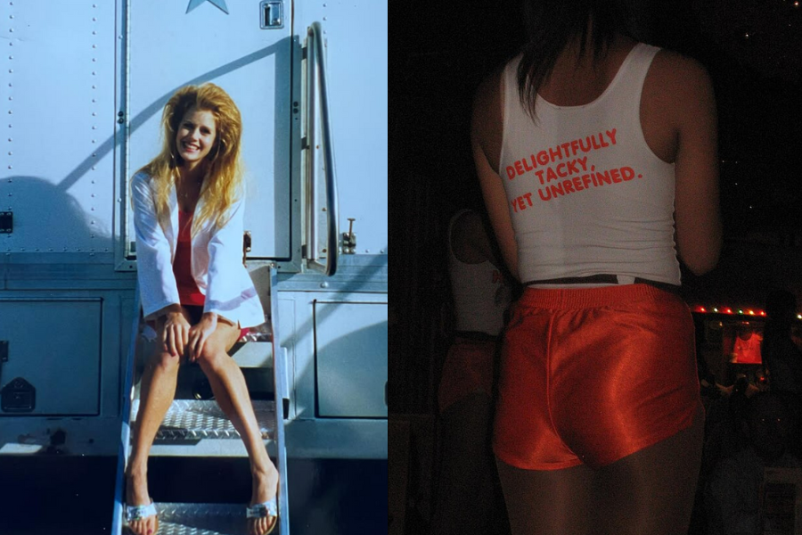 On the right is a woman sits on trailer steps, wearing a white coat and smiling warmly. On the left is a woman in low light, sporting a tank top reading "Delightfully tacky, yet unrefined," paired with orange shorts. 