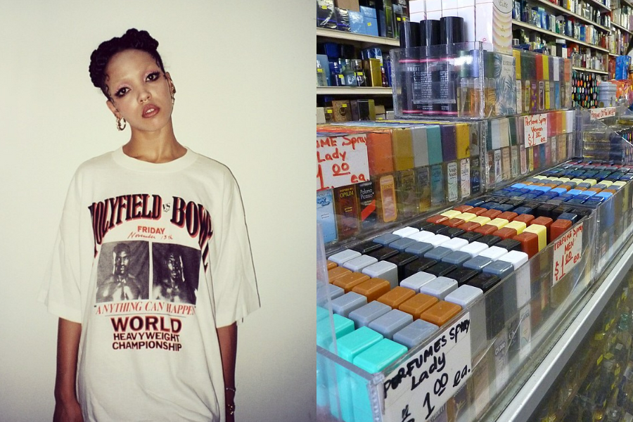 On the left, a person wears a vintage boxing T-shirt with bold text, exuding a retro vibe. On the right, a colorful, crowded perfume store shelf shows a variety of sprays, priced at £1.00 each.