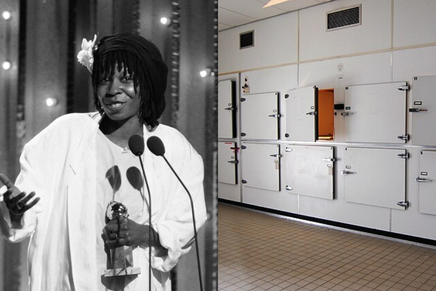 A split image: on the left, a woman in a white outfit holds an award, smiling and speaking at a microphone; on the right, a sterile white morgue with body drawers, one being ajar.