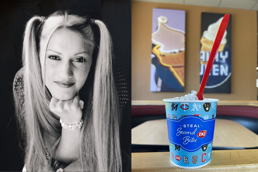 A split image: left shows a black-and-white photo of a person with long hair in pigtails, smiling gently; right displays a Dairy Queen cup with a red spoon on a table, against a colorful ice cream-themed backdrop.