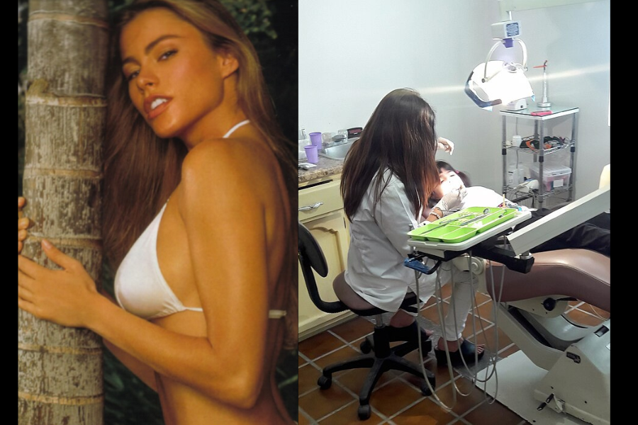 Split image: left shows a woman posing outdoors in a white bikini, conveying a confident, relaxed tone; right depicts a dental office scene with a dentist working on a patient.