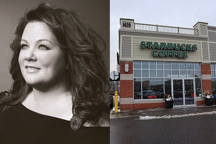 Split image: On the left, a black and white portrait of a woman smiling confidently. On the right, a color photo of a Starbucks storefront on a snowy day.