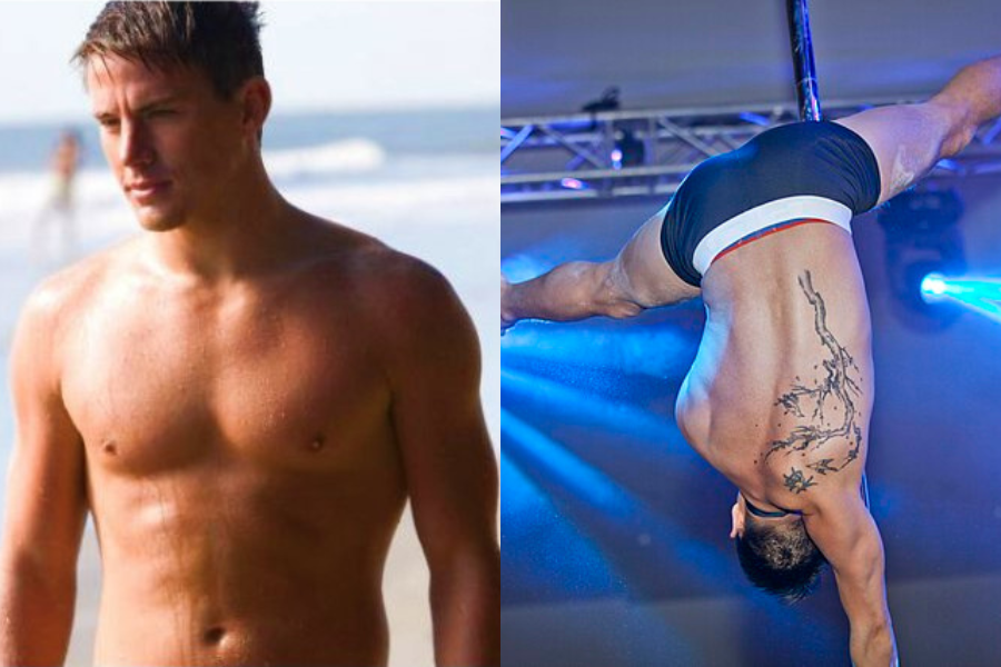 Split image: Left image shows a shirtless man on a beach, looking thoughtful. The right image depicts a performer on a pole doing an aerial move upside down with focused posture.