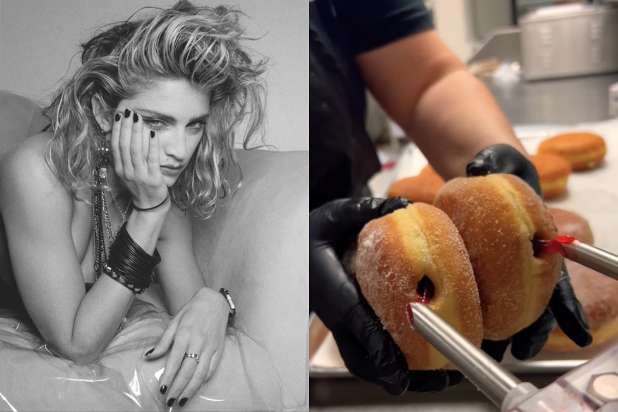Left side: Black and white image of a person with tousled hair, wearing dark nail polish and bracelets, with a contemplative expression. Right side: Close-up of gloved hands filling sugar-coated pastries with a red filling in a kitchen setting.