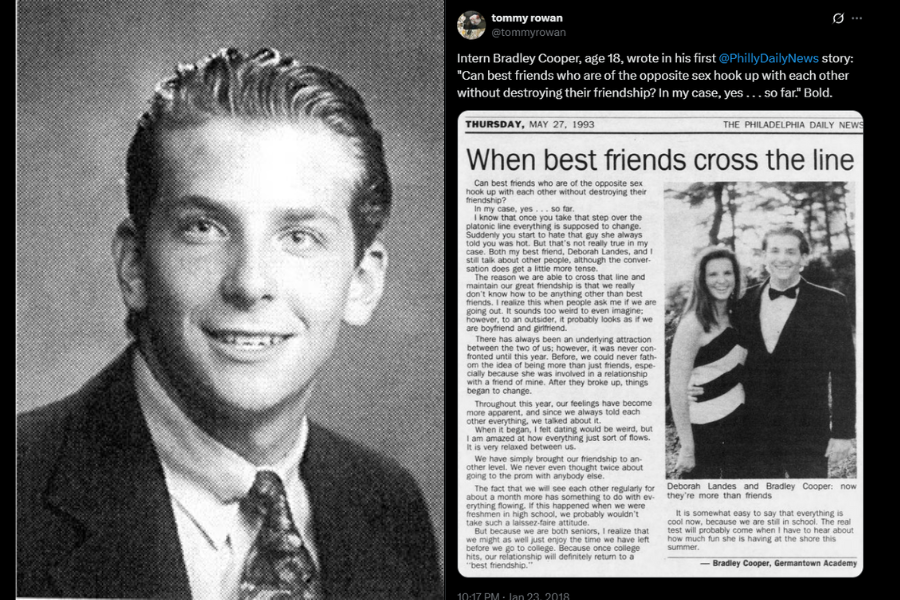 Split image: Black and white image of a young man wearing a suit and tie, smiling warmly. Next to him is a newspaper clipping titled "When best friends cross the line," discussing friendships and relationships. On the right, a smaller photo shows a young man and woman dressed up, smiling. Overall tone is reflective and nostalgic.