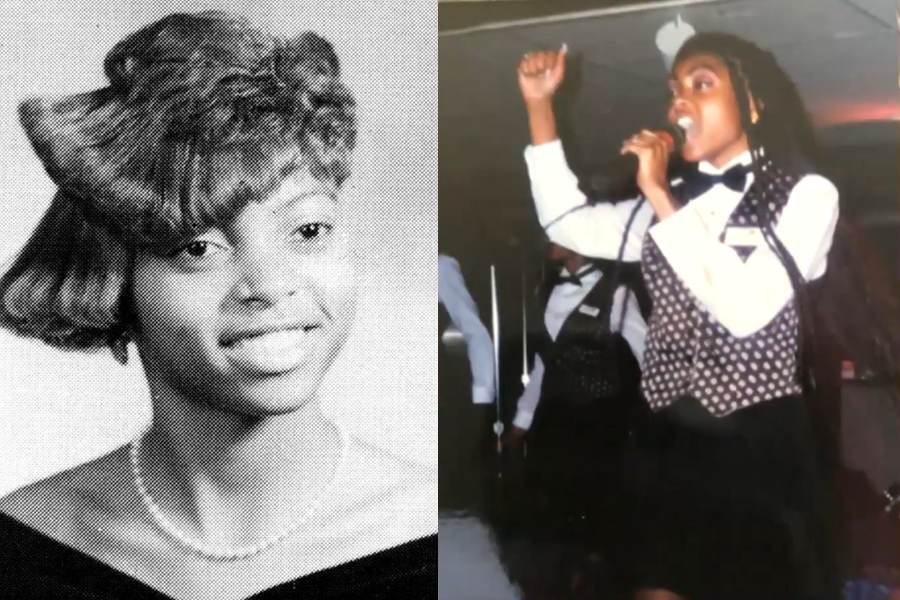 Two side-by-side images: Left, a black-and-white portrait of a woman in a pearl necklace, smiling. Right, the same woman singing passionately on stage, fist raised.