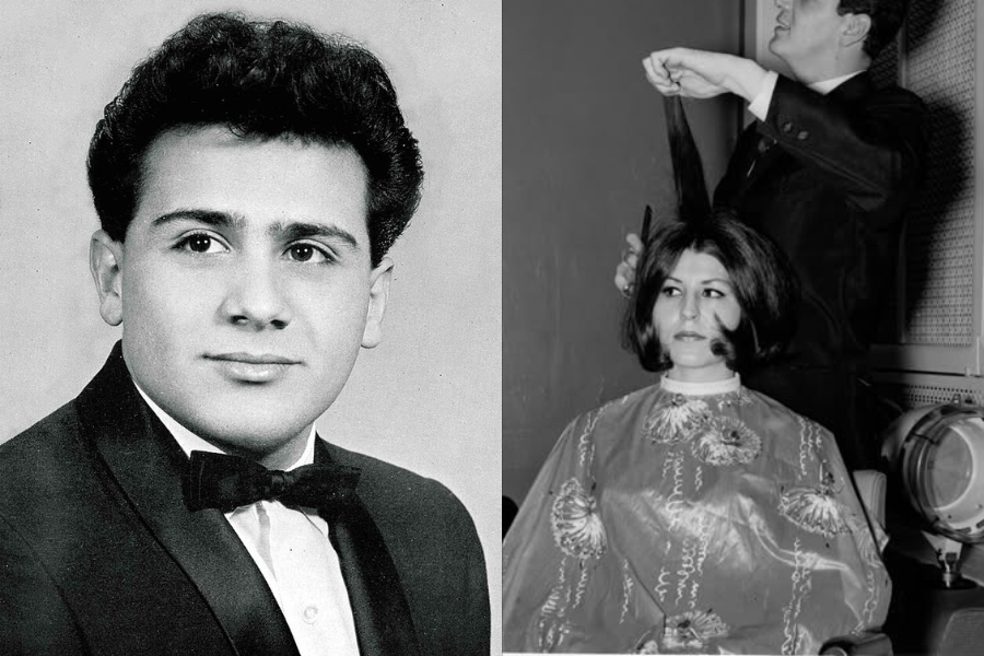 Two black-and-white images: Left shows a young man in a suit with a confident expression. Right shows a woman getting her hair styled by a focused hairdresser.