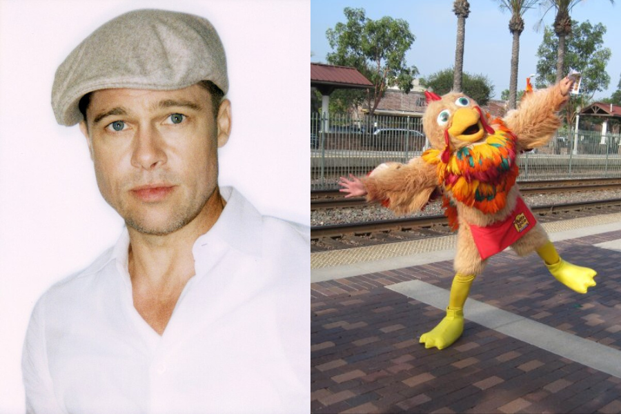 A split image: left shows a man in a light shirt and cap with a neutral expression; right depicts a colorful bird mascot joyfully posed by a train station.