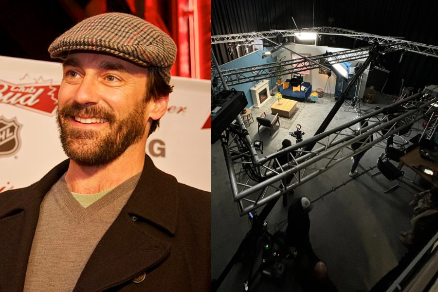 Left: A smiling man with a beard wearing a checkered cap and coat. Right: A TV studio set viewed from above with cameras and lighting equipment.