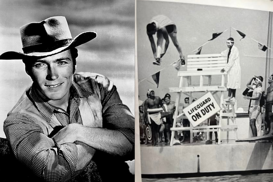 On the left, a black-and-white photo of a smiling man in a cowboy hat and checkered shirt conveys a vintage Western style. On the right, a humorous scene of a lifeguard stand by a pool, with a diver flipping mid-air, and several spectators in swimwear, creating a lively atmosphere.