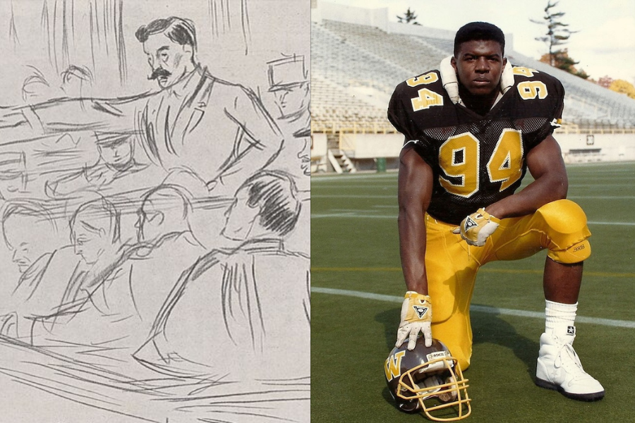 Split image: On the left, a pencil sketch of a courtroom scene with a mustached man gesturing. On the right, a football player in a yellow and black uniform is kneeling on a field.