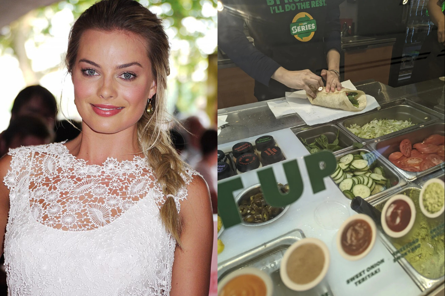 Split image: On the left, a woman in a white lace dress stands smiling with a blurred crowd in the background. On the right, a person prepares a wrap at a deli counter with various fresh toppings.