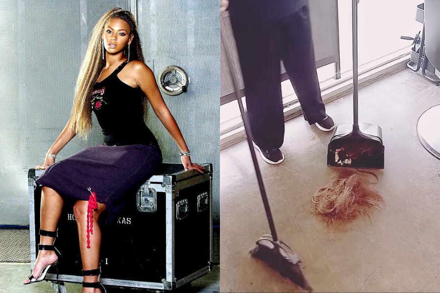 Split image: on the left, a woman with long hair sits confidently on a metal case, wearing a black top and skirt. On the right, a person sweeps hair into a dustpan, indicating a post-haircut cleanup.