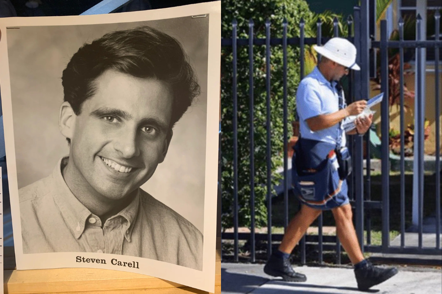 Split image: A vintage black-and-white portrait of a smiling man on the left, labeled "Steven Carell," and on the right, a modern photo of a mail carrier walking outdoors.