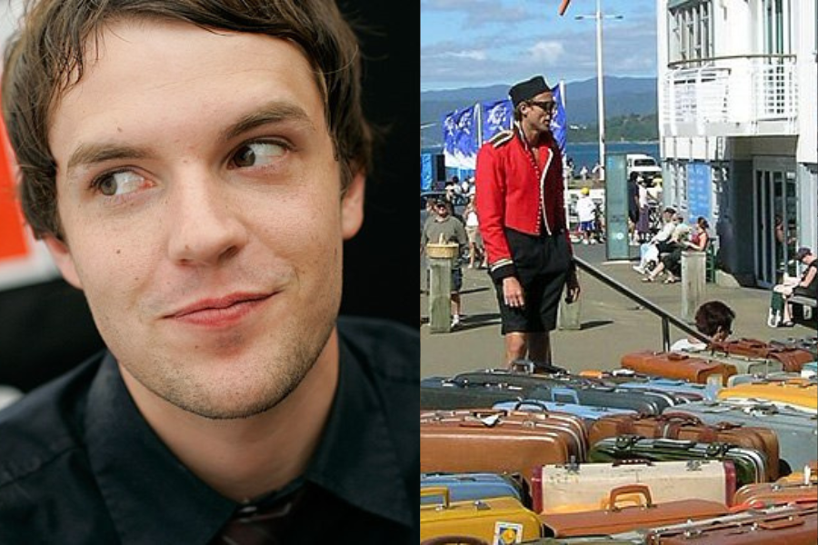 A split image: left shows a man with short brown hair smirking; right depicts a man in a bellhop uniform in a red jacket standing by stacked suitcases, with a bustling outdoor backdrop.
