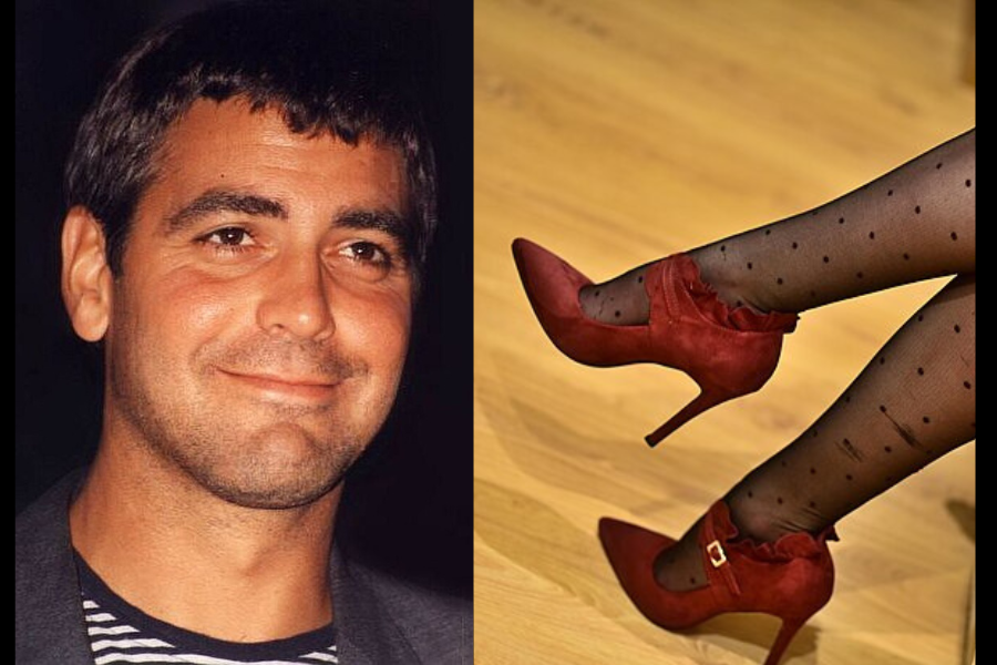 A split image showing a man on the left, smiling warmly, and a close-up of a woman's legs on the right, wearing red high heels and black polka-dot stockings.