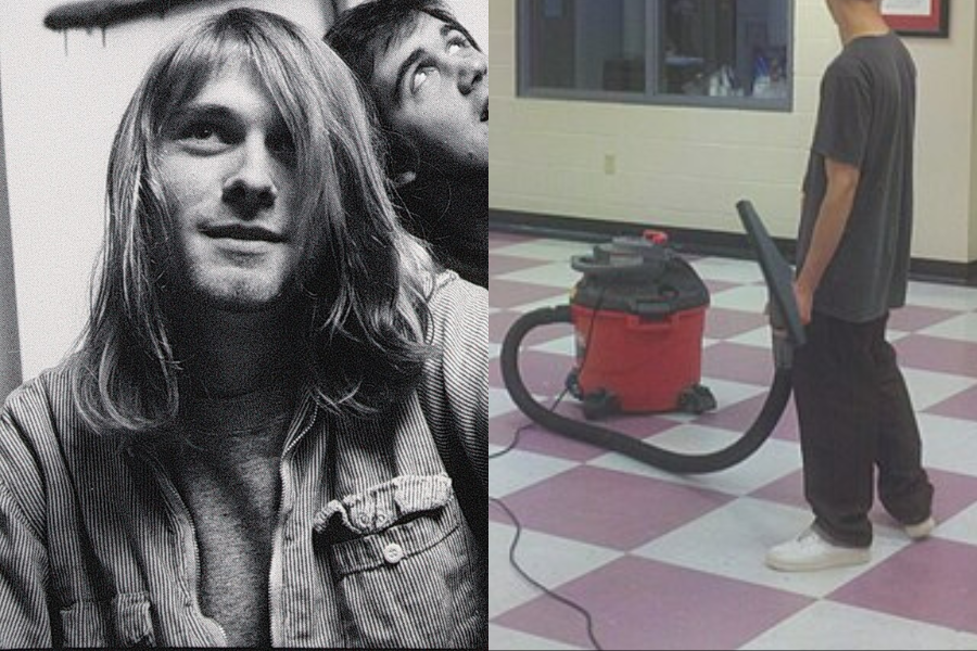 Split image: left side shows a black-and-white portrait of a person with long hair, looking upwards. Right side shows a person in a room with pink-tiled floor using a red shop vacuum.