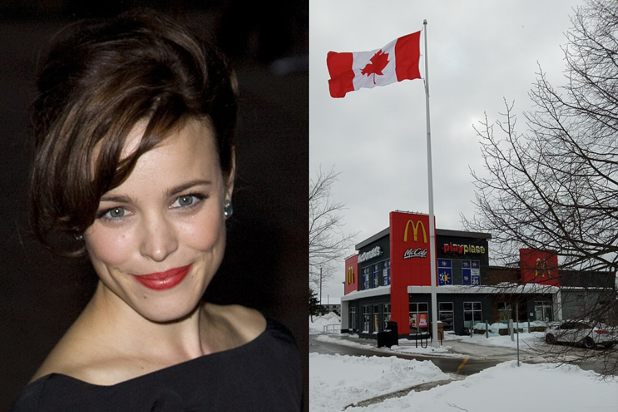 A split image: left shows a smiling woman with short brown hair and red lipstick; right displays a McDonald's with a large Canadian flag, snowy ground, and bare trees.